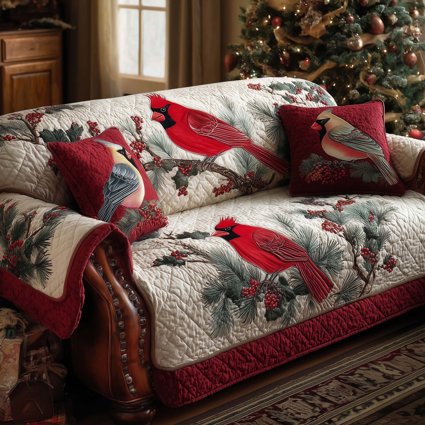 Cardinal Quilted Sofa Cover Special Christmas Sofa Protector Memorial Cardinal Gifts Trendyhomewear - Pvr