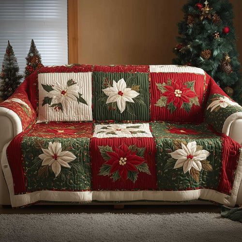 Poinsettia Bliss Quilted Sofa Cover Christmas Couch Protector Festive Poinsettia Gifts Trendyhomewear - Pvr