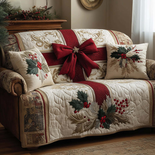Bow Luxury Christmas Quilted Sofa Cover Holiday Couch Protector Bow Inspired Gifts Trendyhomewear - Pvr