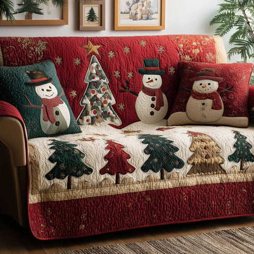 Snowman Happy Snow Crew Quilted Sofa Cover Christmas Couch Protector Unique Snowman Gifts Trendyhomewear - Pvr