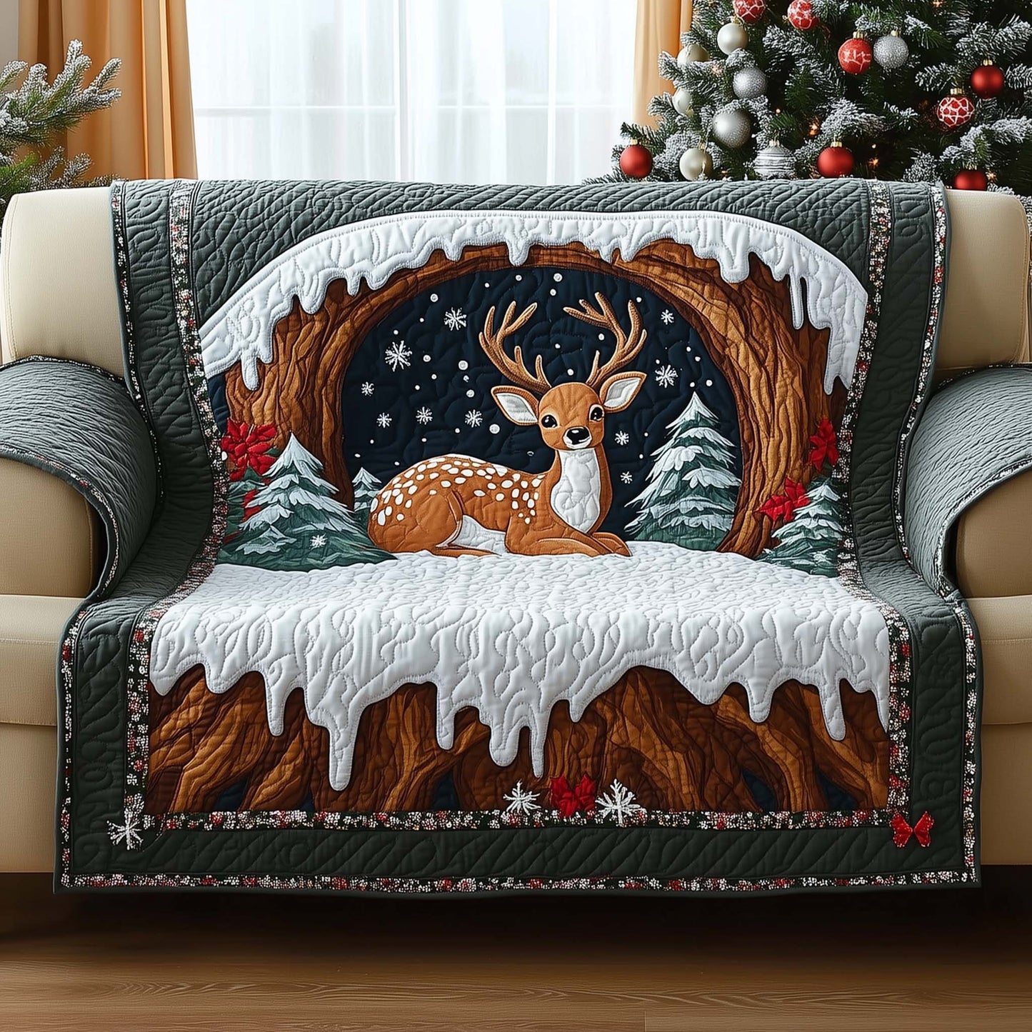 Reindeer In Winter Night Quilted Sofa Cover Holiday Sofa Cushion Cute Reindeer Decor Gifts Trendyhomewear - Pvr
