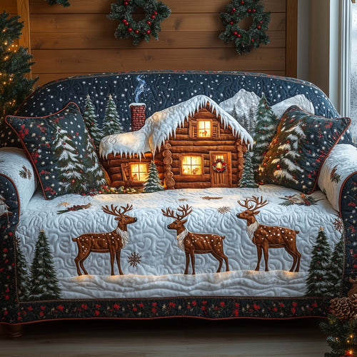 Reindeer Snowy Cabin Quilted Sofa Cover Cozy Holiday Furniture Reindeer Sofa Decor Gifts Trendyhomewear - Pvr