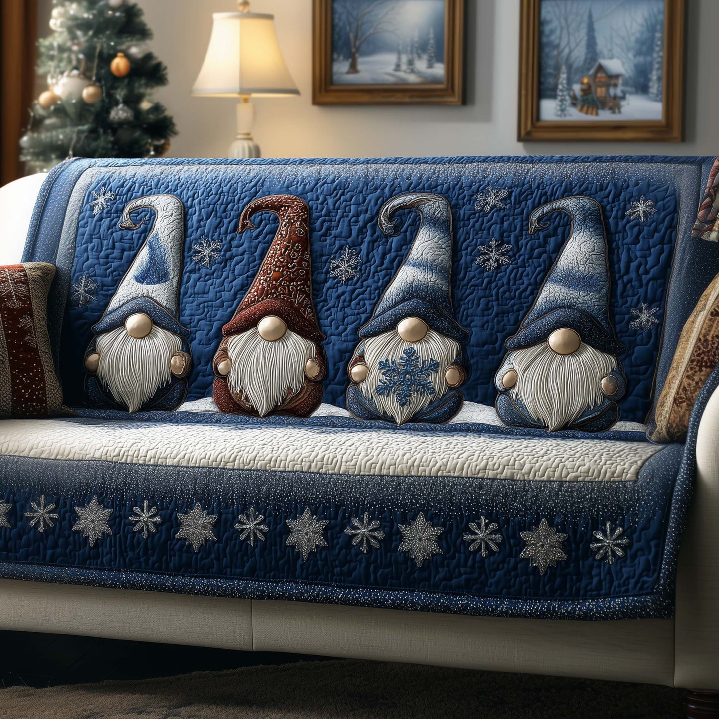 Cheerful Gnome Quilted Sofa Cover Cool Xmas Couch Furniture Winter Gnome Related Gifts Trendyhomewear - Pvr