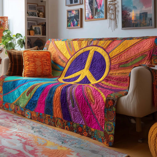 Peace Sign Rainbow Themed Quilted Sofa Cover Christmas Couch Protector Peaceful Gifts Trendyhomewear - Pvr
