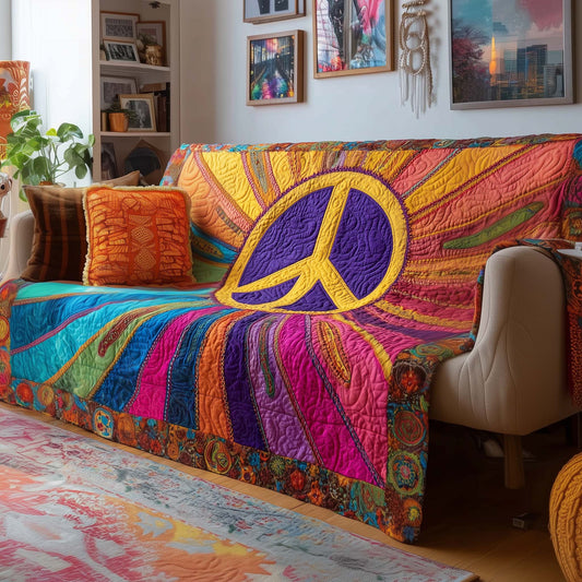 Peace Sign Rainbow Themed Quilted Sofa Cover Christmas Couch Protector Peaceful Gifts Trendyhomewear - Pvr