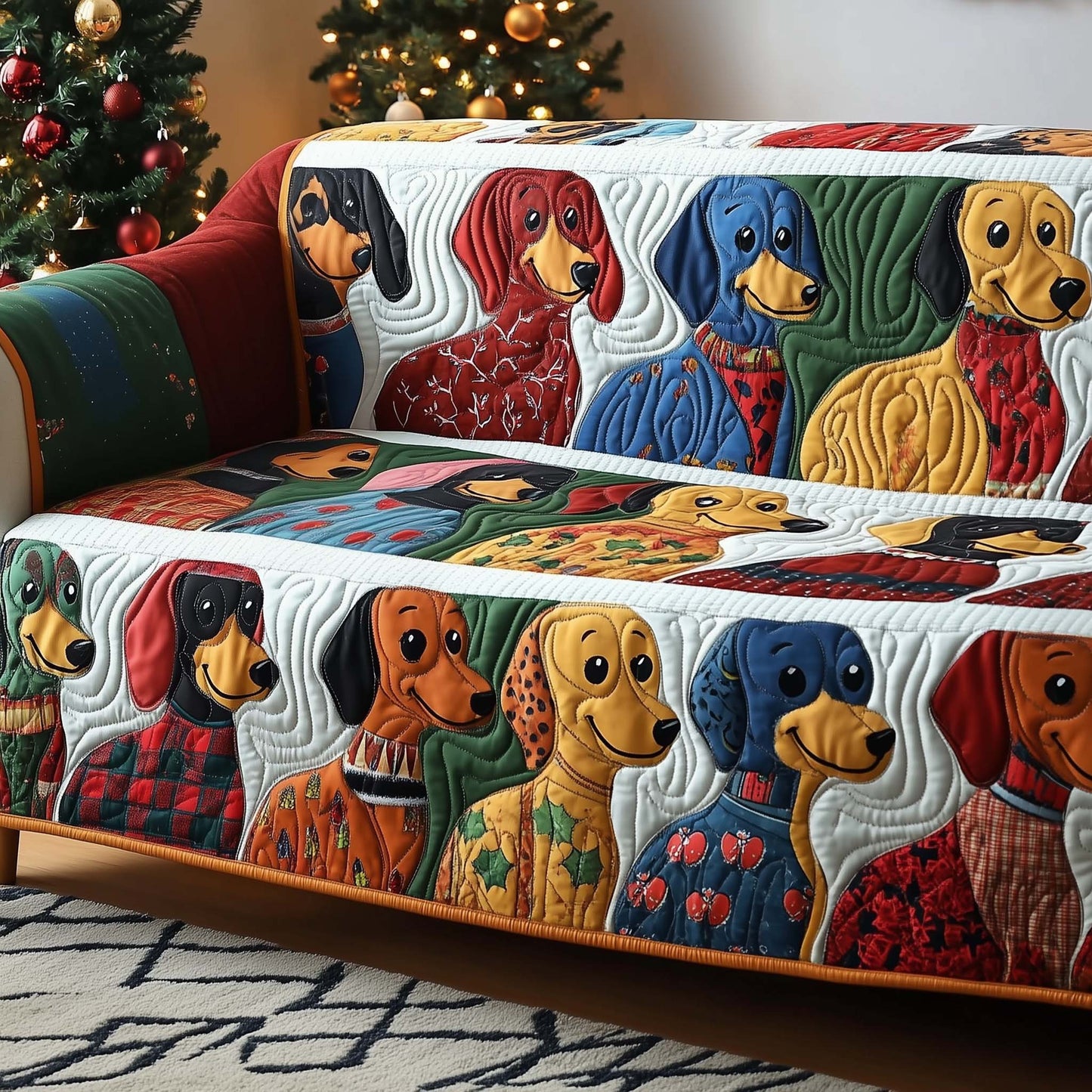 Dachshund Cartoon Xmas Quilted Sofa Cover Festive Couch Decor Unusual Dachshund Gift Items Trendyhomewear - Pvr
