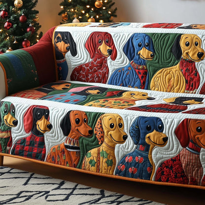 Dachshund Cartoon Xmas Quilted Sofa Cover Festive Couch Decor Unusual Dachshund Gift Items Trendyhomewear - Pvr