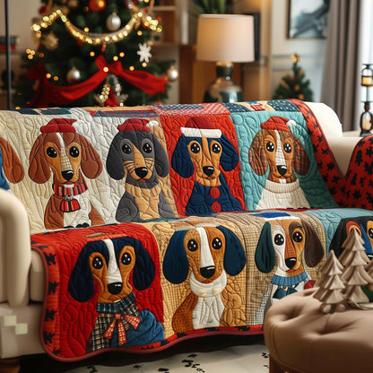 Dachshund Santa Hat Quilted Sofa Cover Winter Sofa Protector Xmas Dachshund Gifts For Her Trendyhomewear - Pvr