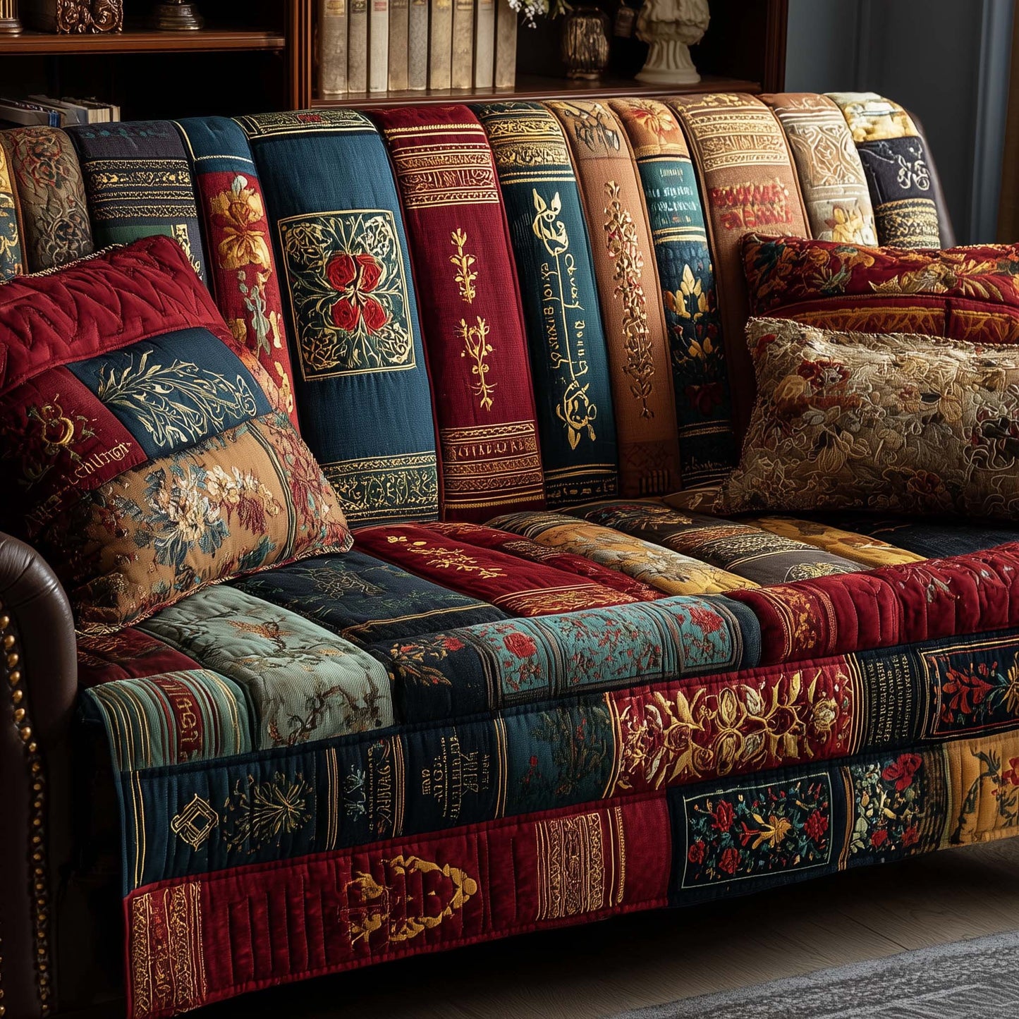 Book Shelves Of Plush Quilted Sofa Cover Festive Sofa Protector Gifts For Book Lovers Nerd Trendyhomewear - Pvr