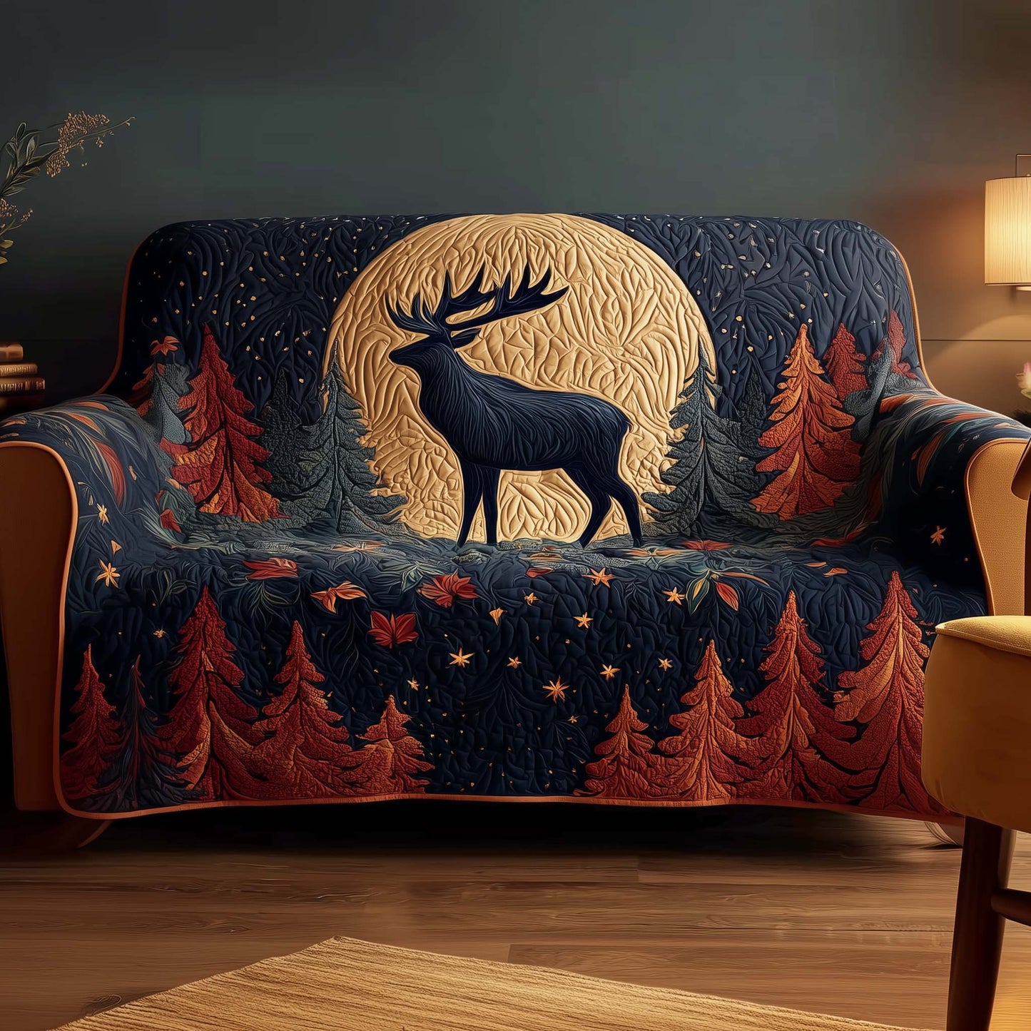 Reindeer Full Moon Quilted Sofa Cover Festive Couch Protector Unique Reindeer Gift Items Trendyhomewear - Pvr