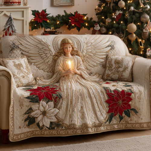 Poinsettia Angel Quilted Sofa Cover Christmas Couch Furniture Great Christian Gifts Trendyhomewear - Pvr