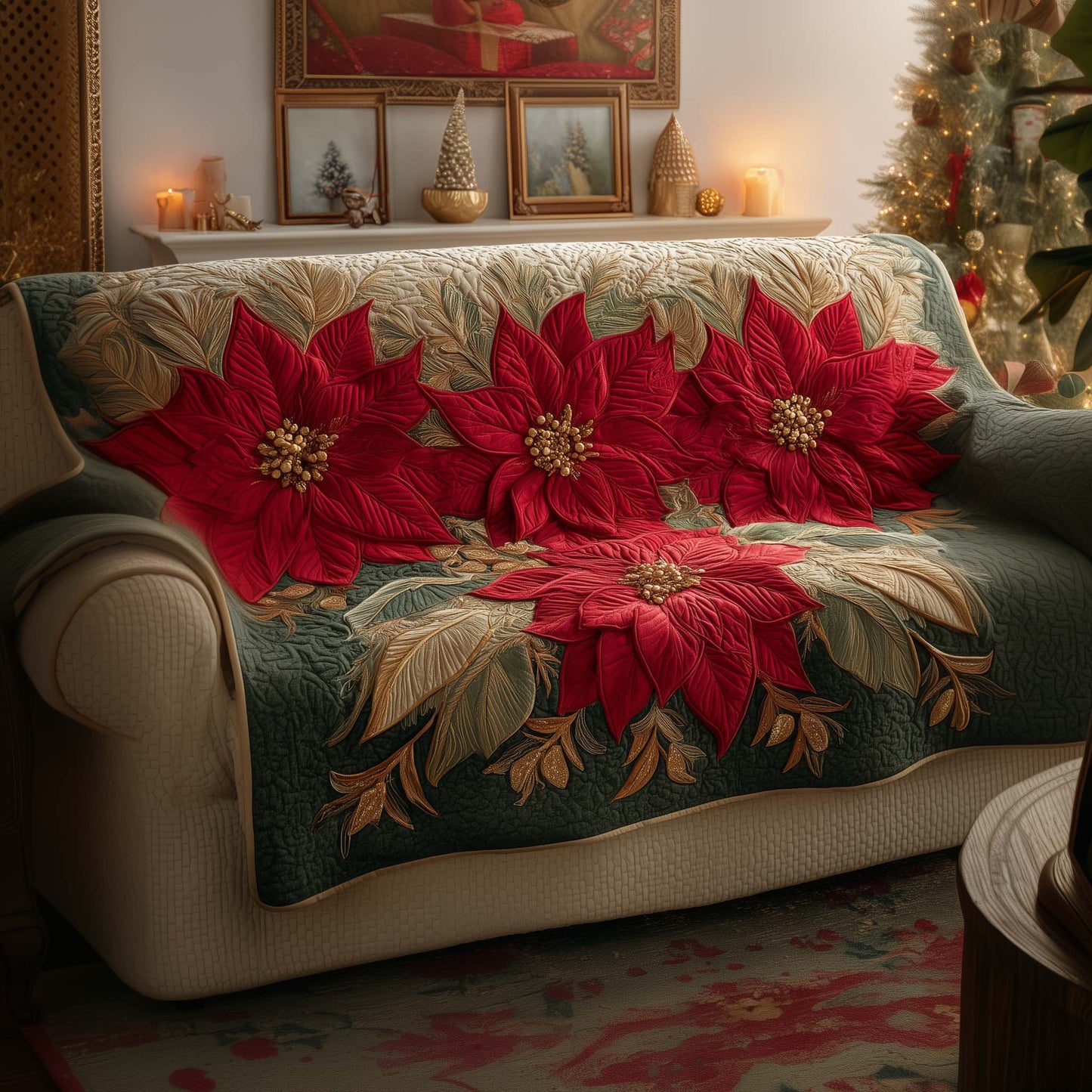 Poinsettia Quilted Sofa Cover Christmas Floral Couch Protector Festive Poinsettia Gifts Trendyhomewear - Pvr
