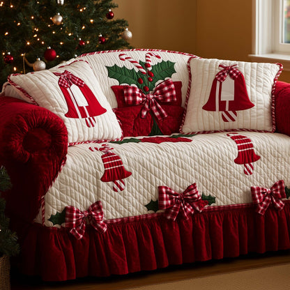 Merry Bow And Bells Quilted Sofa Cover Cozy Holiday Sofa Decor Unusual Xmas Bell Gifts Ideas Trendyhomewear - Pvr