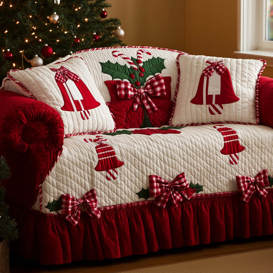 Merry Bow And Bells Quilted Sofa Cover Cozy Holiday Sofa Decor Unusual Xmas Bell Gifts Ideas Trendyhomewear - Pvr