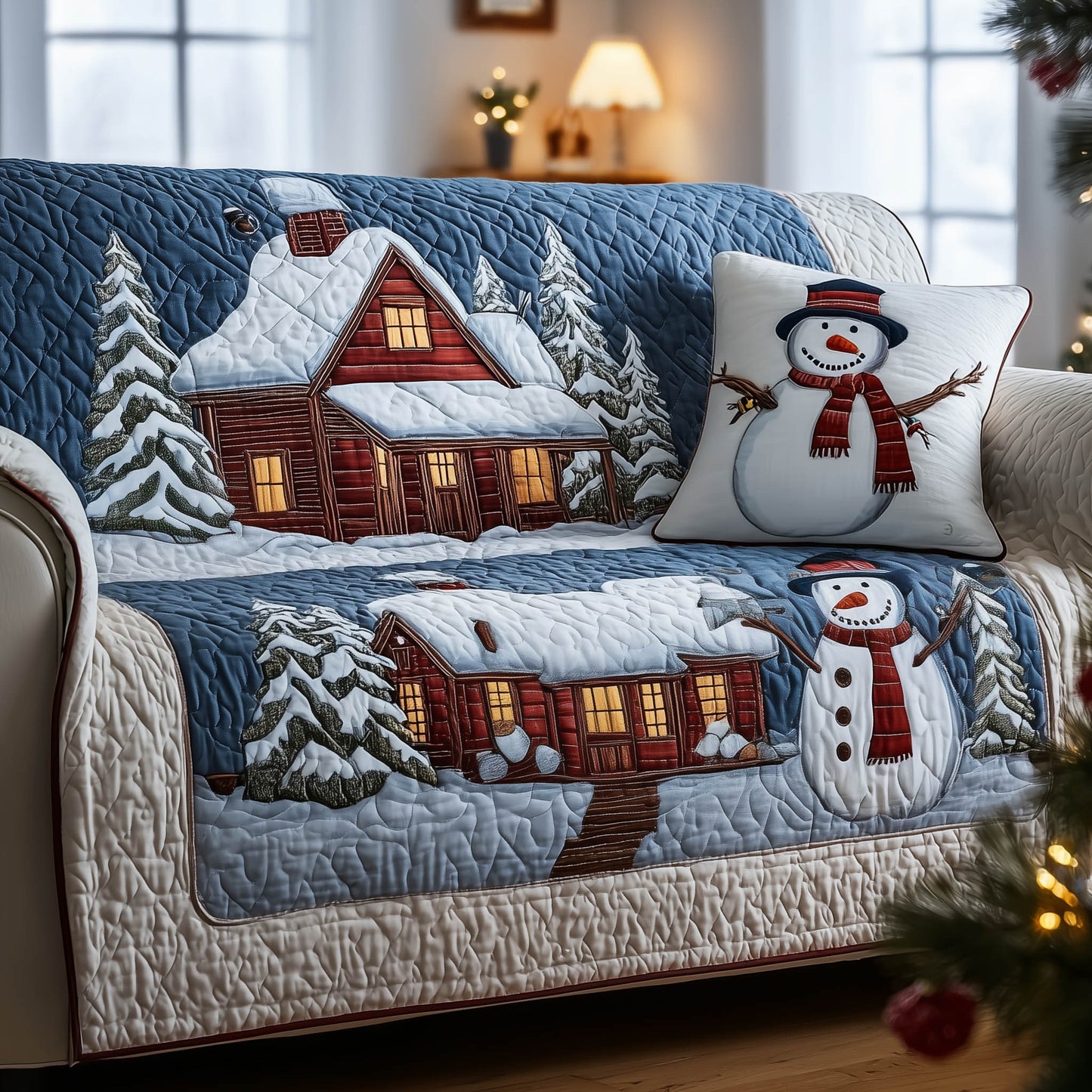 Snowman Snowy Cabin Quilted Sofa Cover Xmas Holiday Sofa Protector Snow Related Gifts Trendyhomewear - Pvr