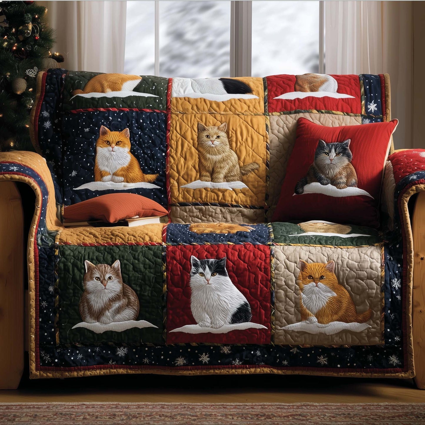 Xmas Cat Fluffy Quilted Sofa Cover Christmas Couch Protector Novelty Cat Gift Ideas Trendyhomewear - Pvr