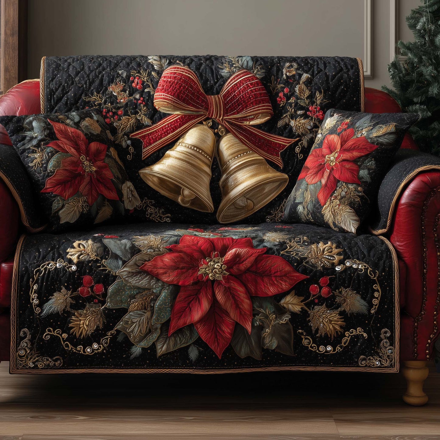 Xmas Holiday Bells Quilted Sofa Cover Christmas Couch Cushion Winter Gifts For Him Trendyhomewear - Pvr