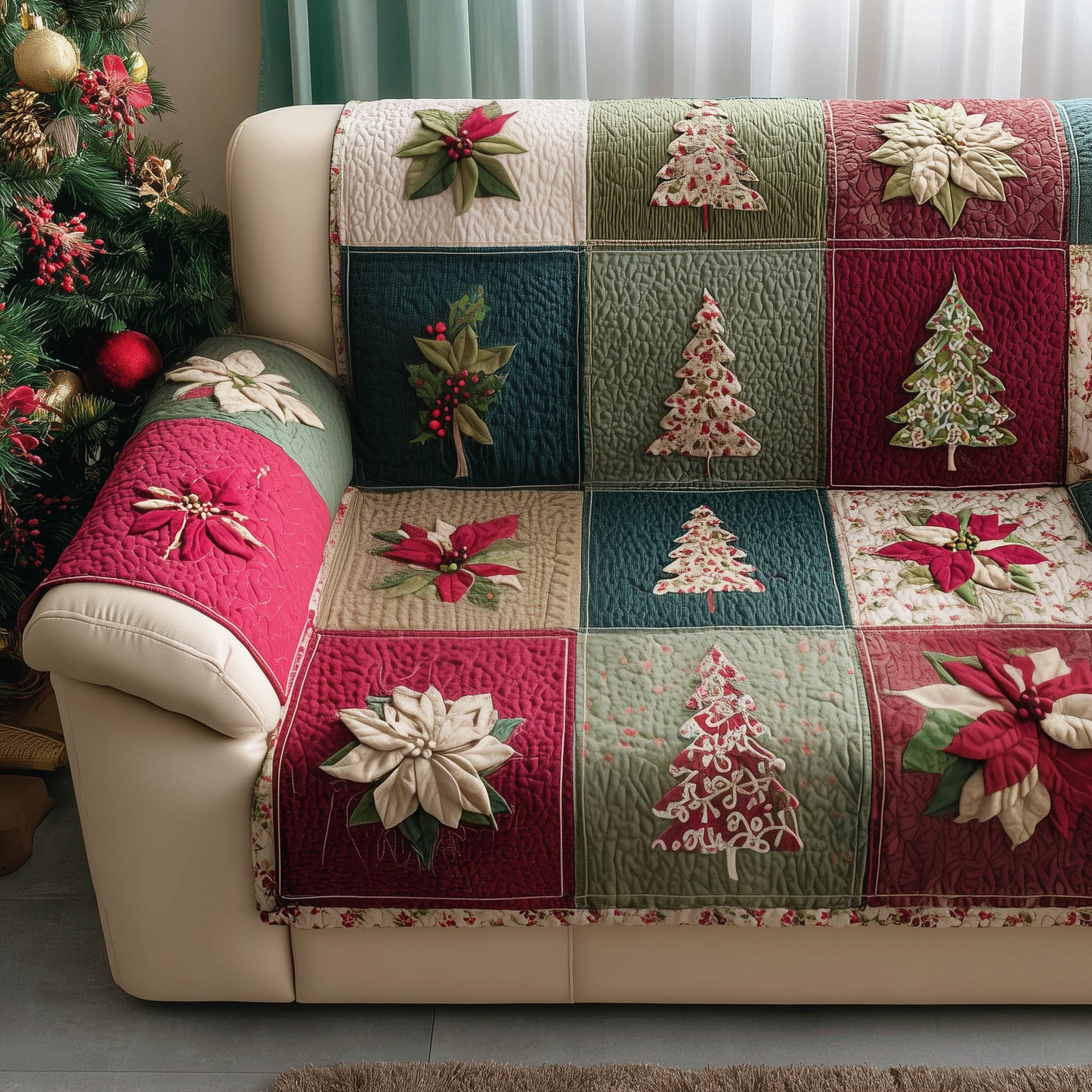 Poinsettia Patchwork Christmas Quilted Sofa Cover Cozy Xmas Sofa Furniture Poinsettia Gifts Trendyhomewear - Pvr