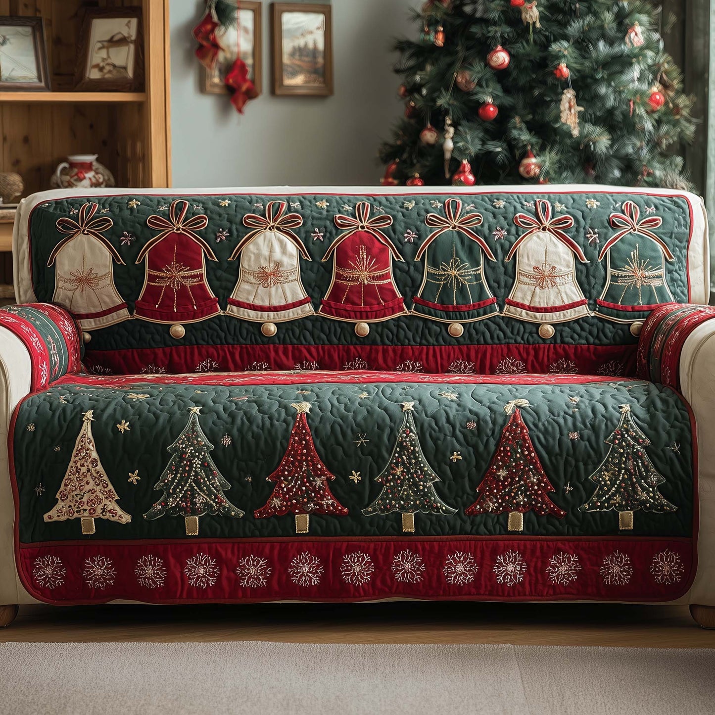 Jingle Bells Quilted Sofa Cover Christmas Holiday Sofa Protector Bells Themed Gifts Trendyhomewear - Pvr