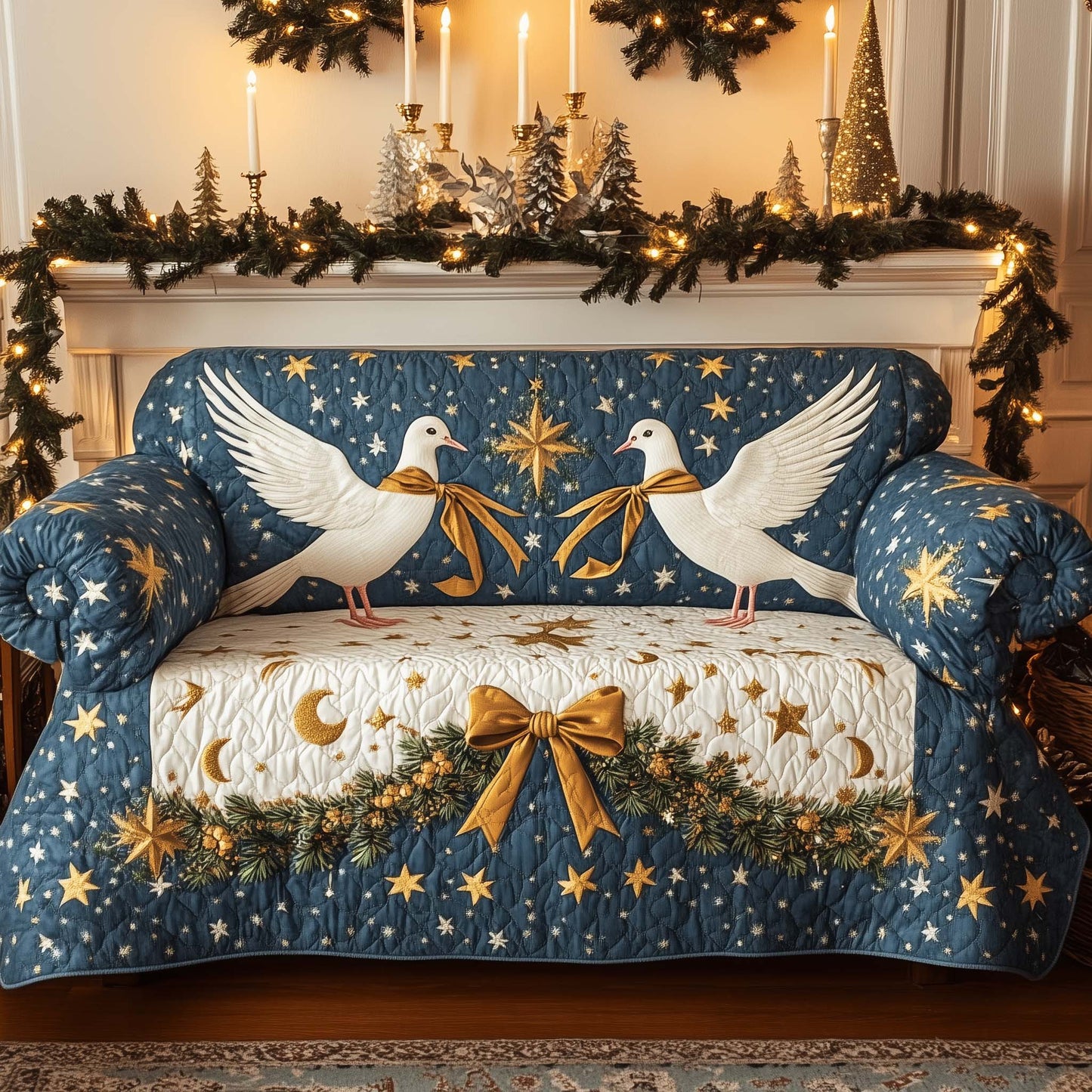 Dove Couple Starry Night Quilted Sofa Cover Holiday Couch Cushion Great Dove Inspired Gifts Trendyhomewear - Pvr
