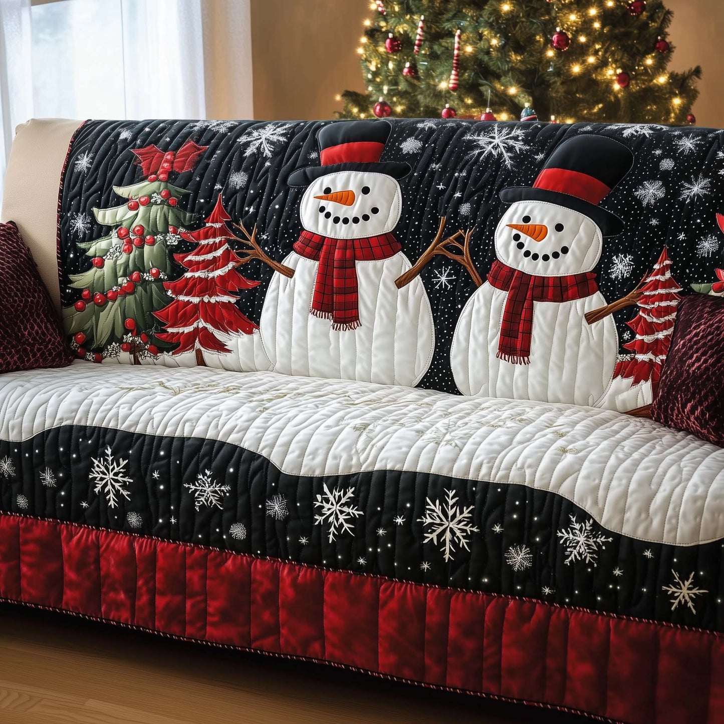 Snowman Couple Cheerful Quilted Sofa Cover Holiday Couch Furniture Unusual Snowman Presents Trendyhomewear - Pvr