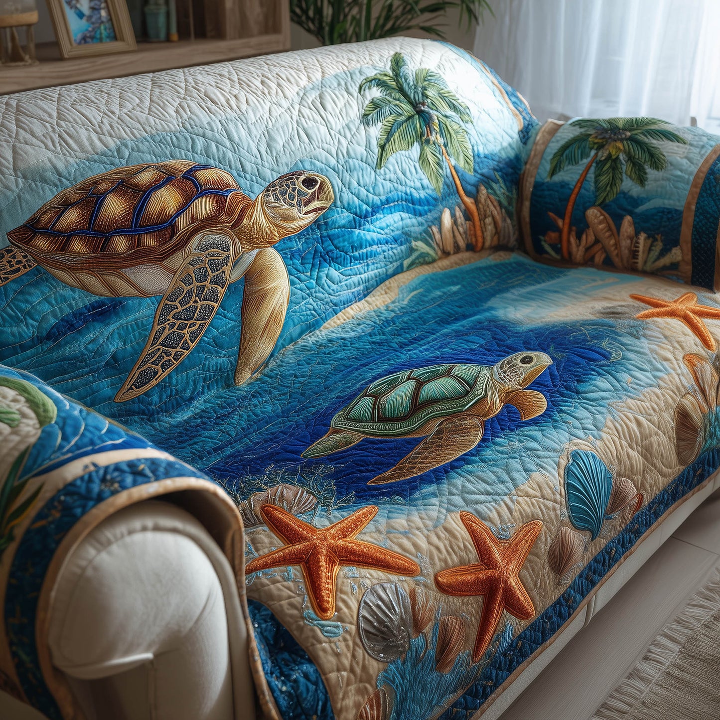 Sea Turtle Life Quilted Sofa Cover Cozy Xmas Sofa Pad Marine Gifts For Sea Turtle Lovers Trendyhomewear - Pvr