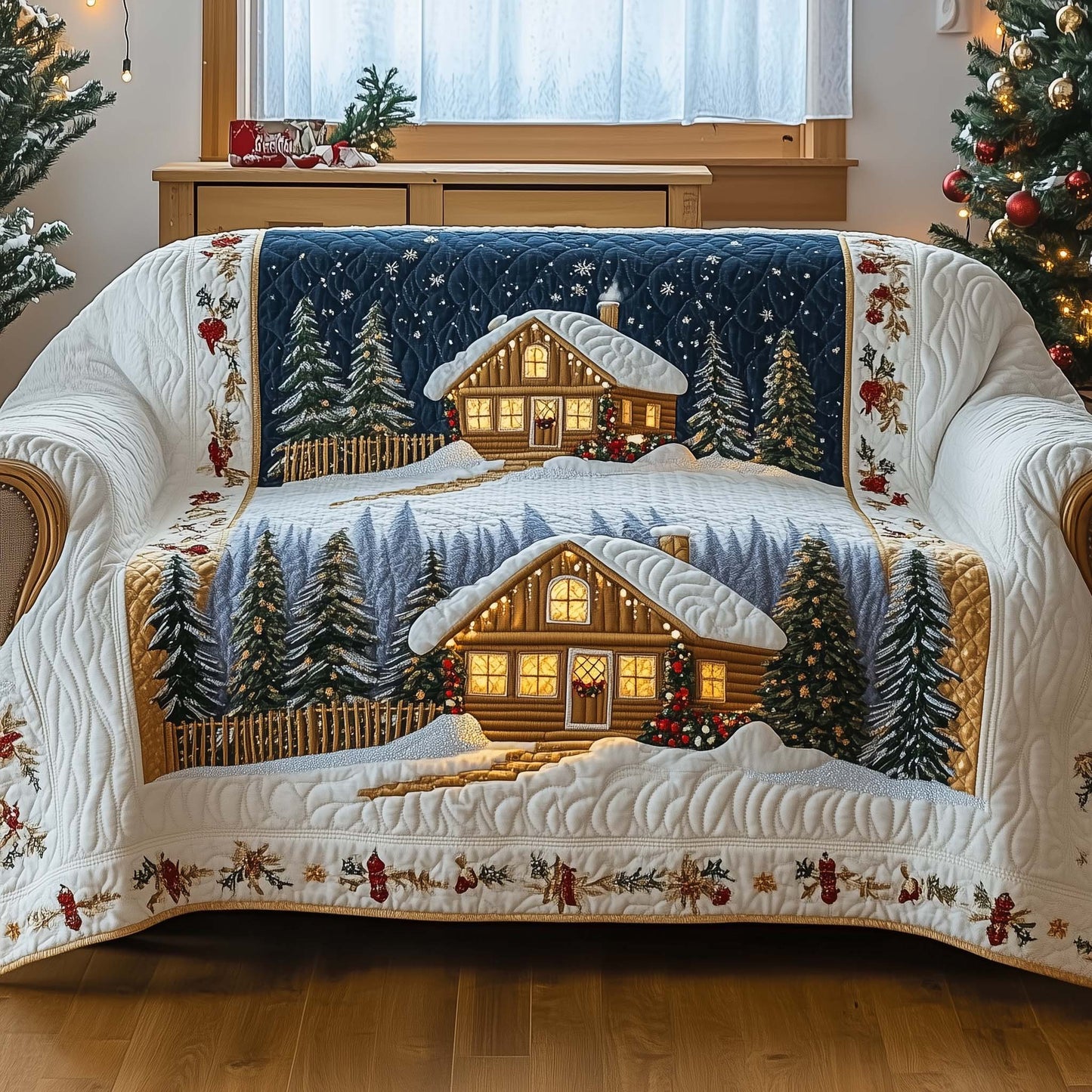 Snowy Woodhouse Quilted Sofa Cover Festive Couch Furniture Unusual Woodhouse Gift Ideas Trendyhomewear - Pvr