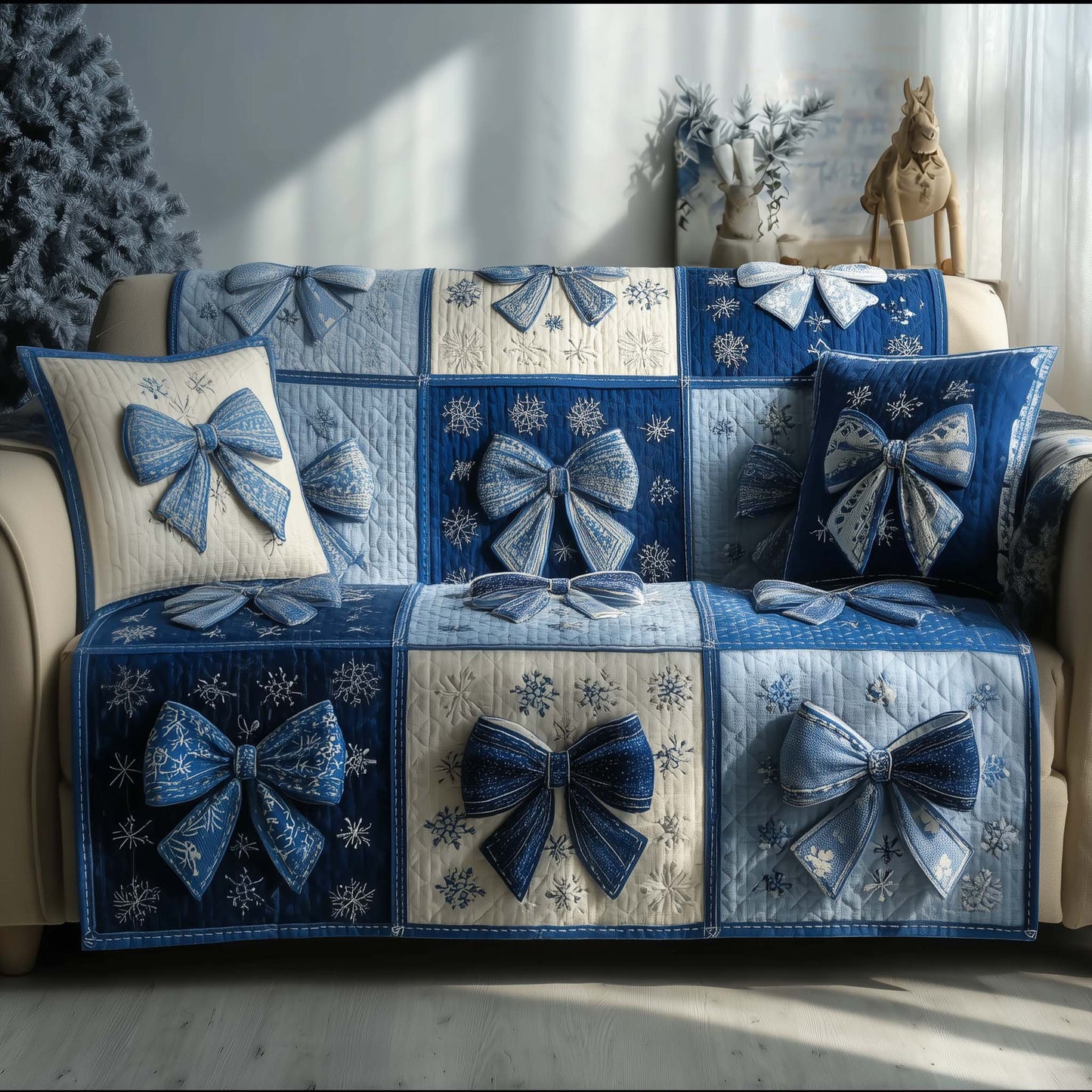 Snowflake Xmas Bow Quilted Sofa Cover Christmas Holiday Couch Protector Winter Bow Gifts Trendyhomewear - Pvr
