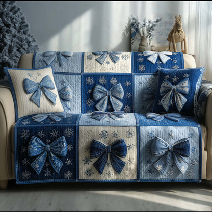 Snowflake Xmas Bow Quilted Sofa Cover Christmas Holiday Couch Protector Winter Bow Gifts Trendyhomewear - Pvr