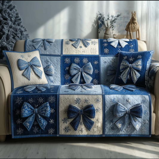 Snowflake Xmas Bow Quilted Sofa Cover Christmas Holiday Couch Protector Winter Bow Gifts Trendyhomewear - Pvr