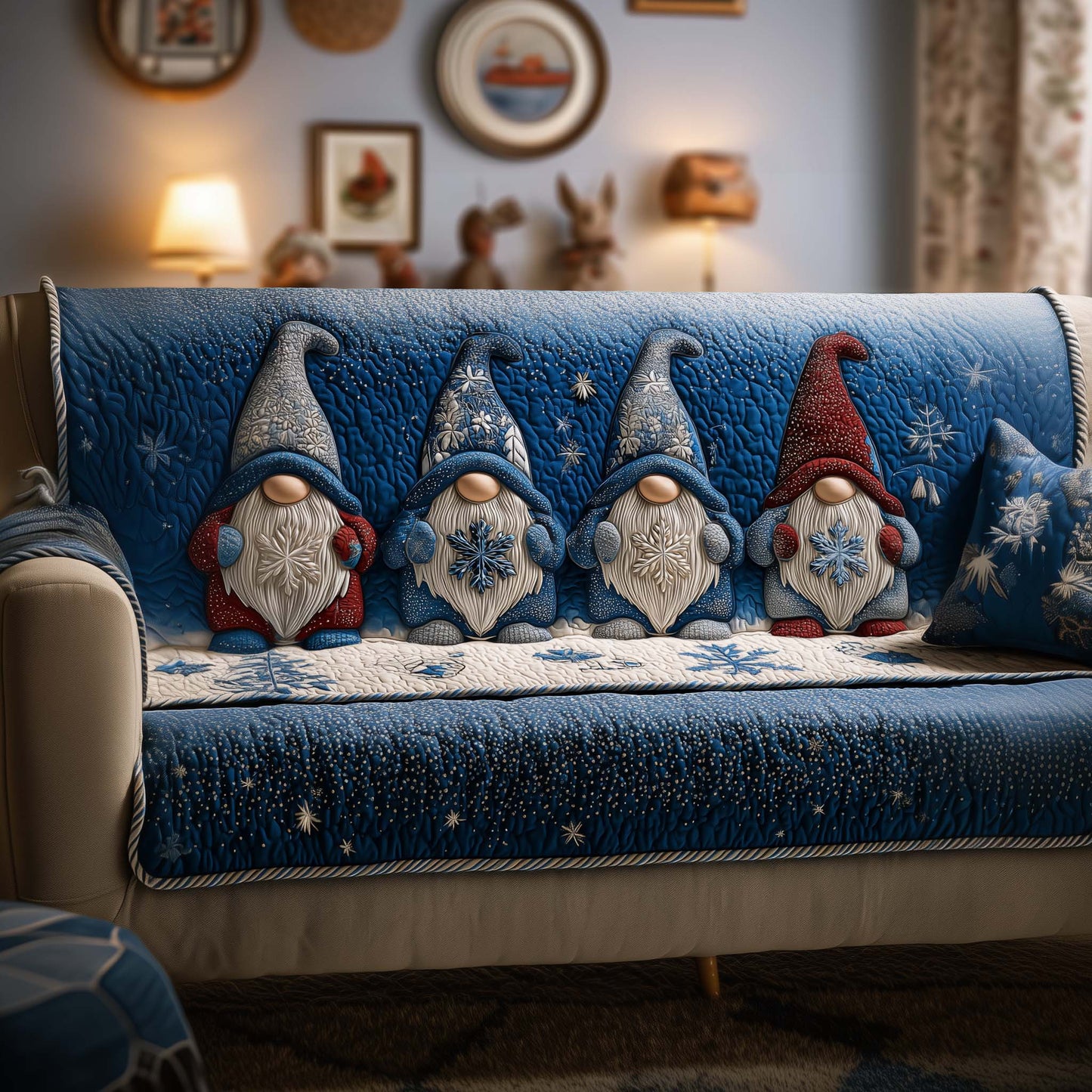 Snowflake Gnome Quilted Sofa Cover Festive Holiday Couch Cushion Unusual Gnome Gift Items Trendyhomewear - Pvr