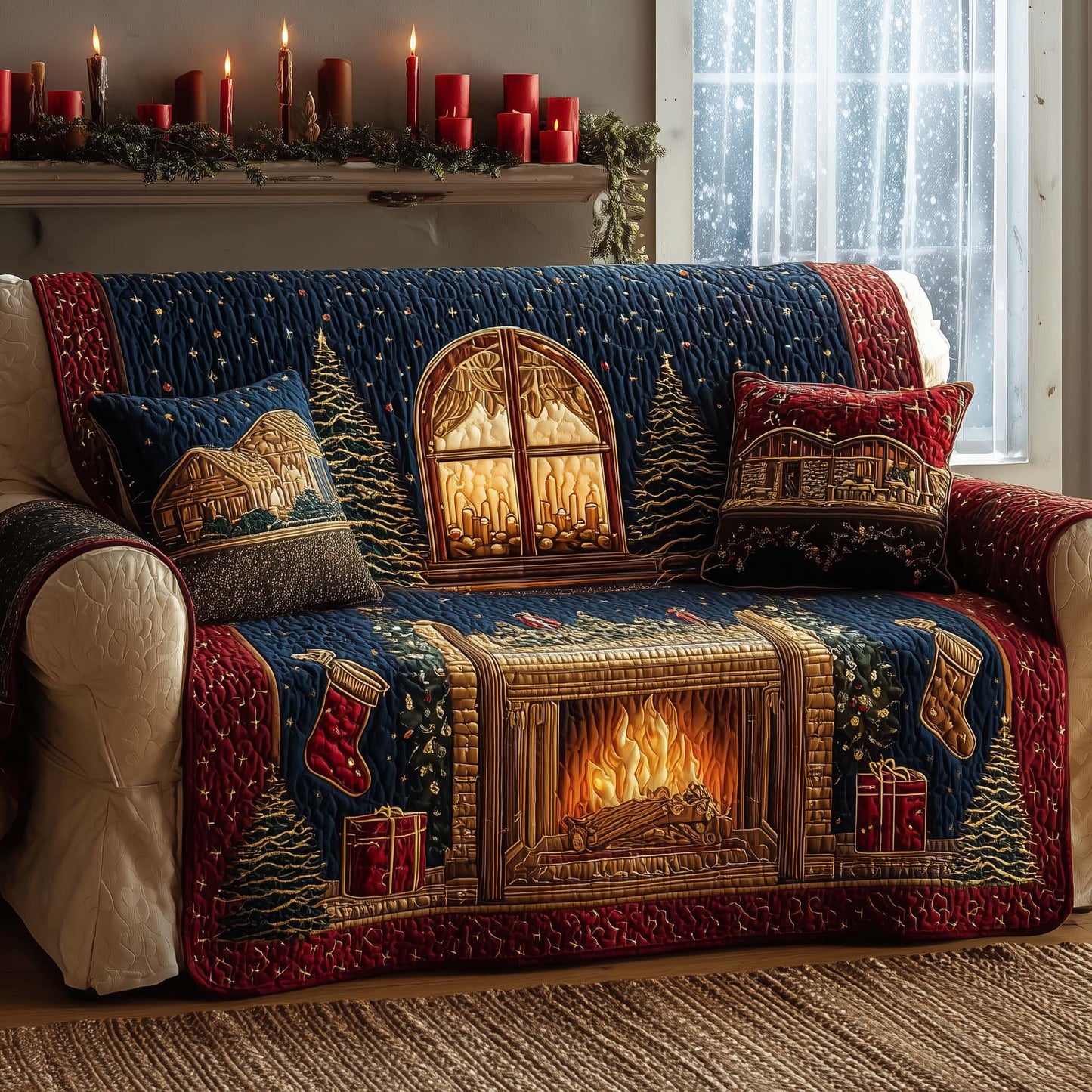Festive Fireplace Quilted Sofa Cover Winter Couch Decor Fireplace Gifts For Cozy Xmas Trendyhomewear - Pvr