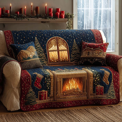 Festive Fireplace Quilted Sofa Cover Winter Couch Decor Fireplace Gifts For Cozy Xmas Trendyhomewear - Pvr