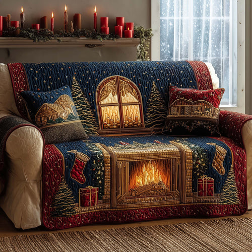 Festive Fireplace Quilted Sofa Cover Winter Couch Decor Fireplace Gifts For Cozy Xmas Trendyhomewear - Pvr
