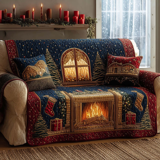 Festive Fireplace Quilted Sofa Cover Winter Couch Decor Fireplace Gifts For Cozy Xmas Trendyhomewear - Pvr