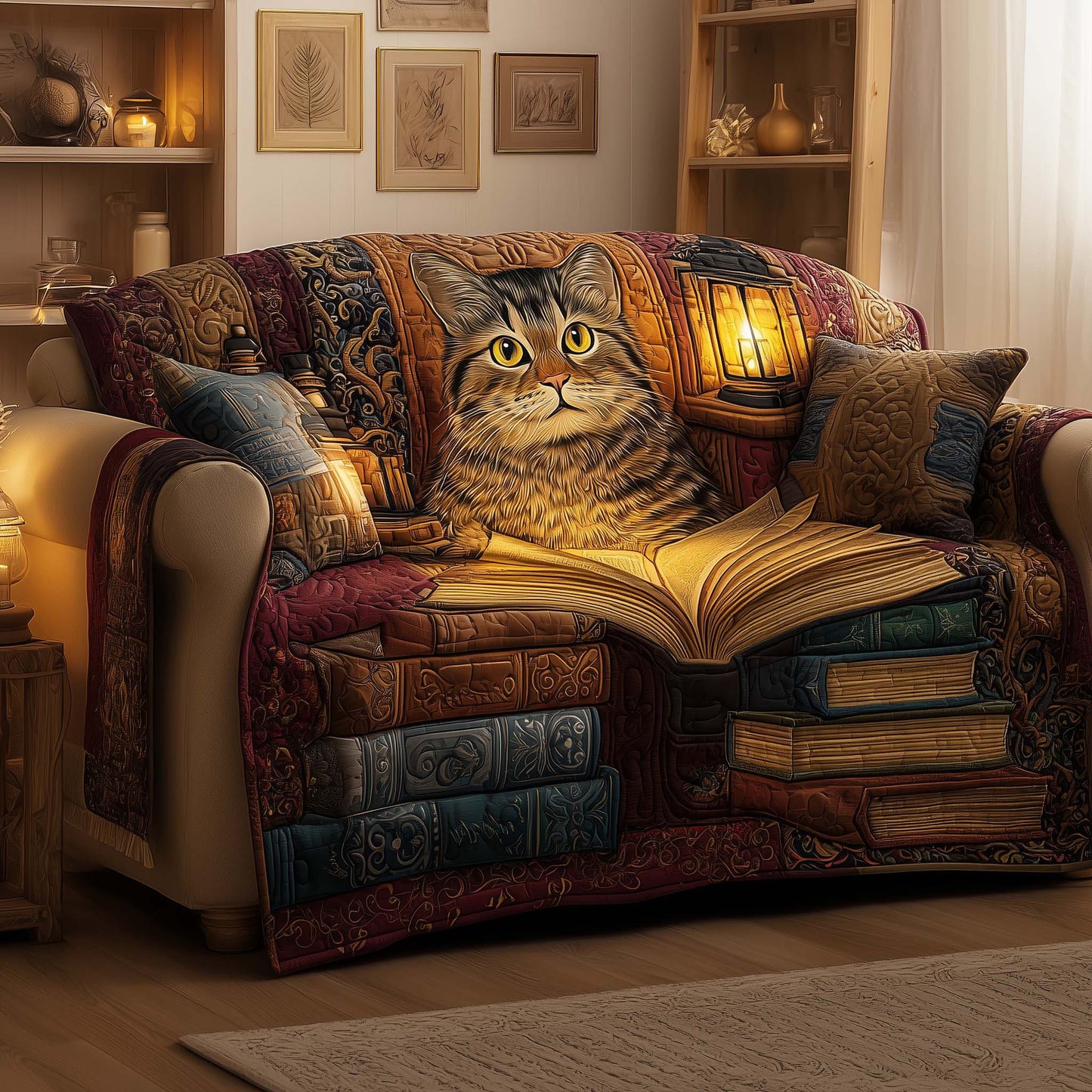 Cat Feline Librarian Quilted Sofa Cover Christmas Couch Furniture Cat Inspired Gift Decor Trendyhomewear - Pvr