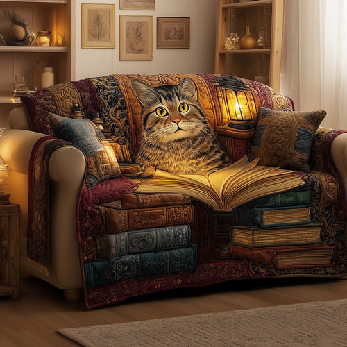 Cat Feline Librarian Quilted Sofa Cover Christmas Couch Furniture Cat Inspired Gift Decor Trendyhomewear - Pvr