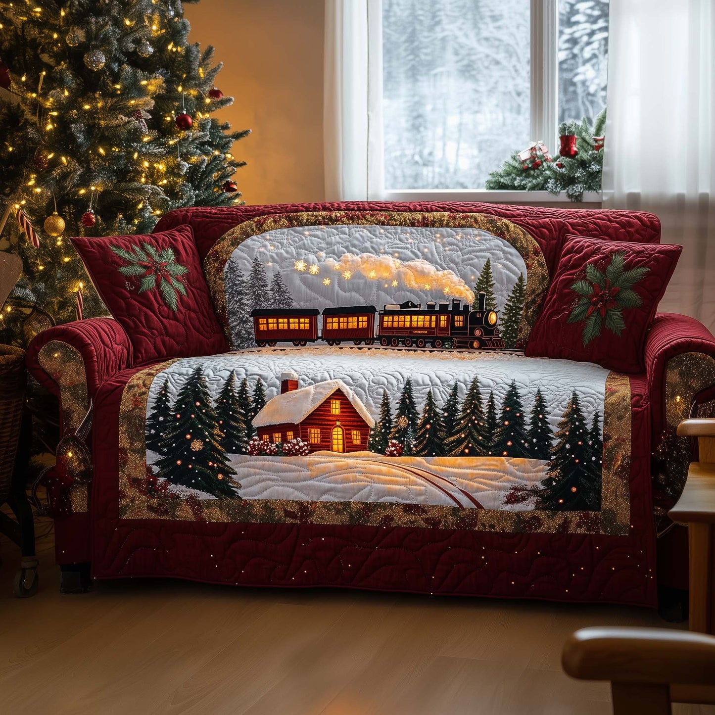 Train To Northern Christmas Quilted Sofa Cover Holiday Sofa Protector Travel Inspired Gifts Trendyhomewear - Pvr