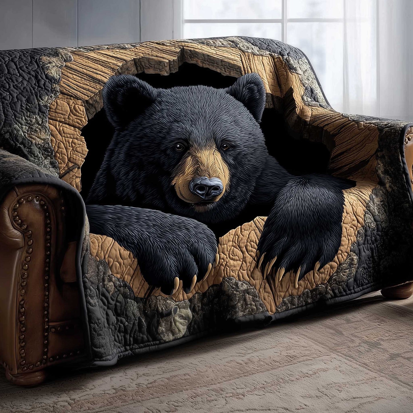 Black Bear Woodland Quilted Sofa Cover Christmas Couch Protector Gifts For Beer Lover Trendyhomewear - Pvr