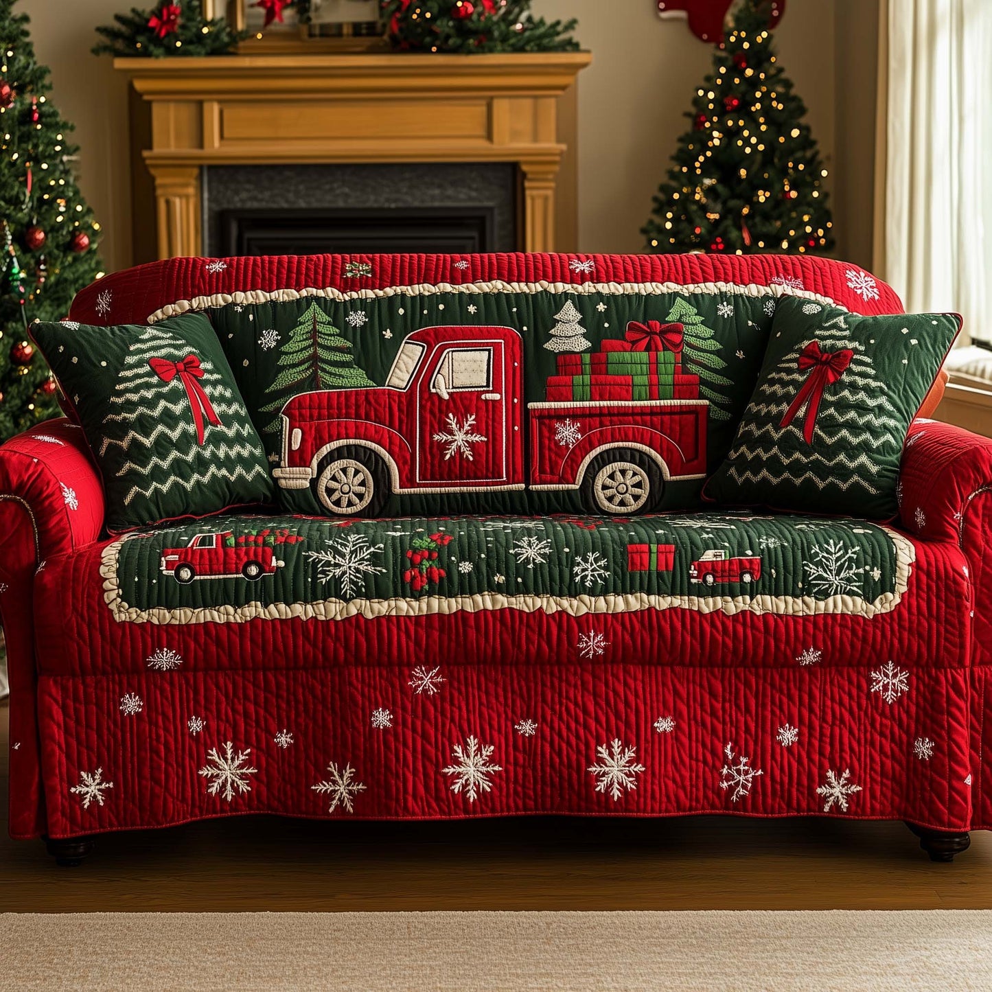 Truck Classic Red Quilted Sofa Cover Festive Christmas Couch Protector Gifts For Drivers Trendyhomewear - Pvr