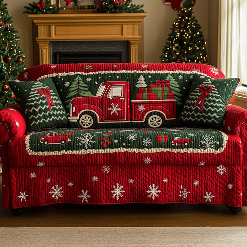 Truck Classic Red Quilted Sofa Cover Festive Christmas Couch Protector Gifts For Drivers Trendyhomewear - Pvr