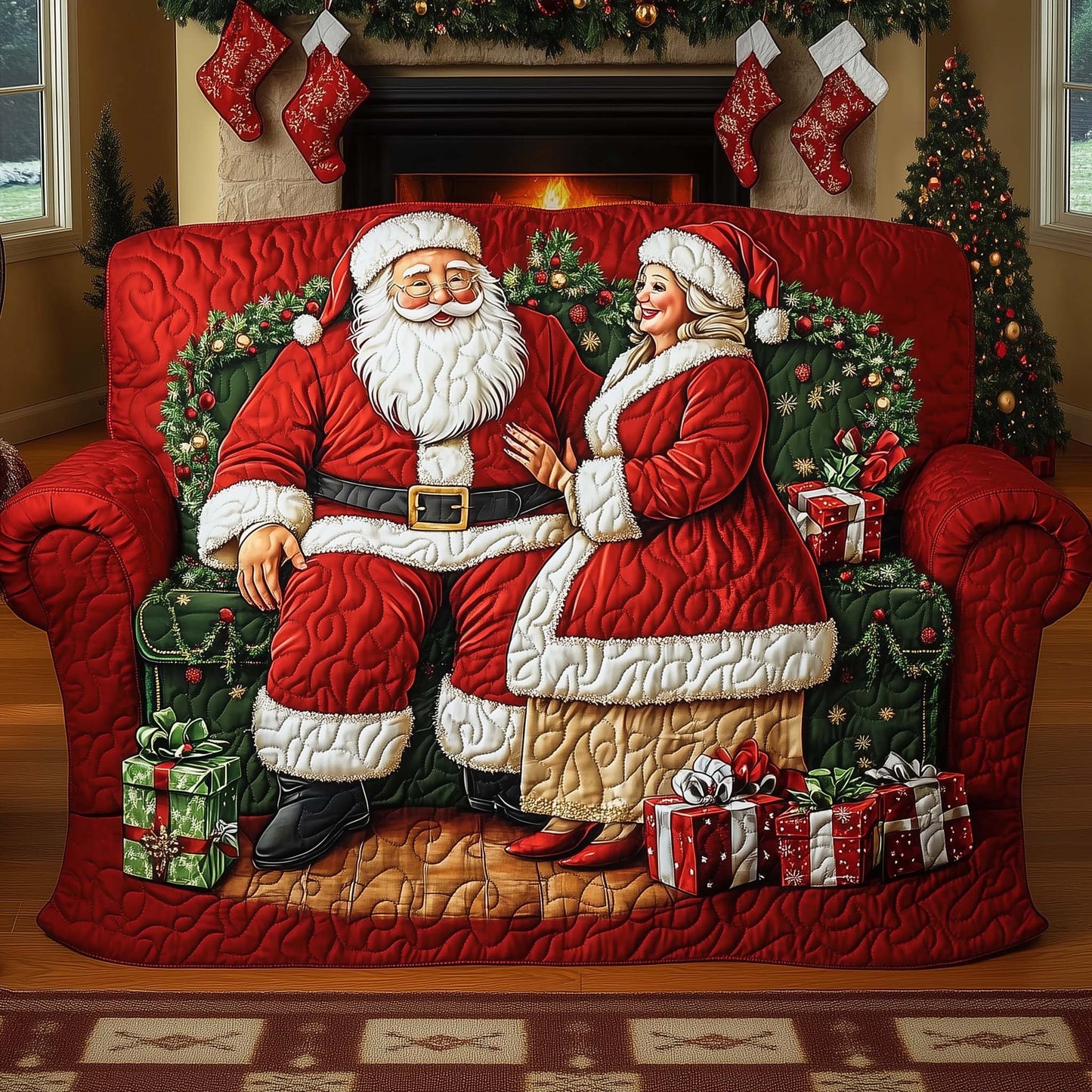 Santa Love Story Quilted Sofa Cover Christmas Couch Protector Santa Gifts For Couple Trendyhomewear - Pvr