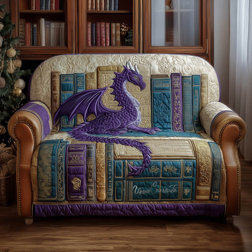 Dragon Library Guardian Quilted Sofa Cover Christmas Couch Protector Dragon Themed Gifts Trendyhomewear - Pvr