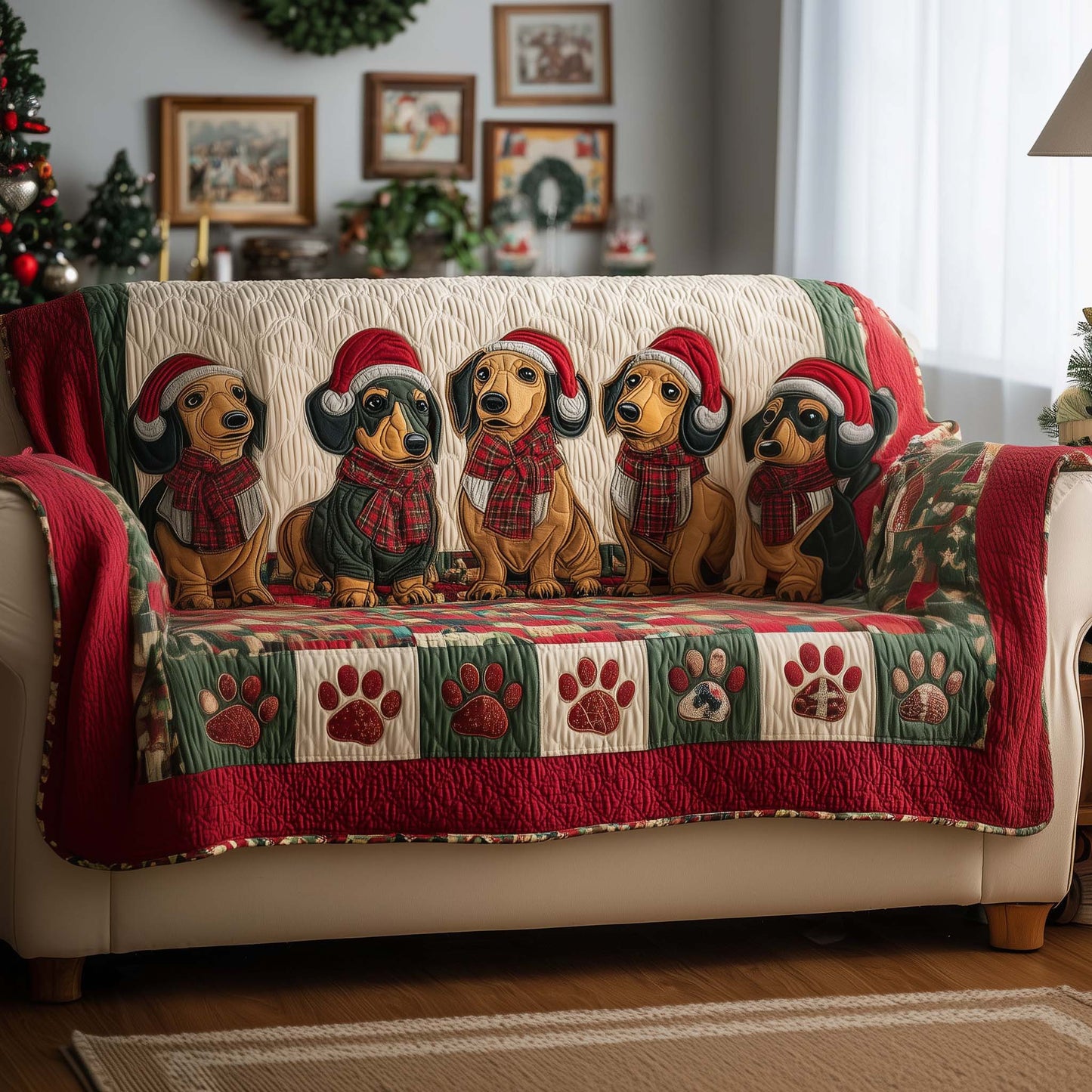 Dachshund Paws Christmas Quilted Sofa Cover Winter Sofa Protector Dachshund Gifts For Him Trendyhomewear - Pvr