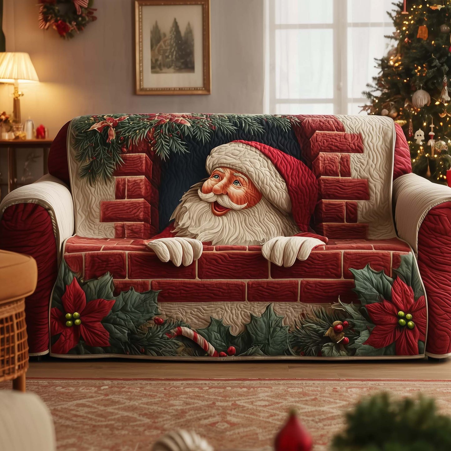 Santa's Chimney View Quilted Sofa Cover Christmas Couch Protector Cozy Santa Gifts Trendyhomewear - Pvr