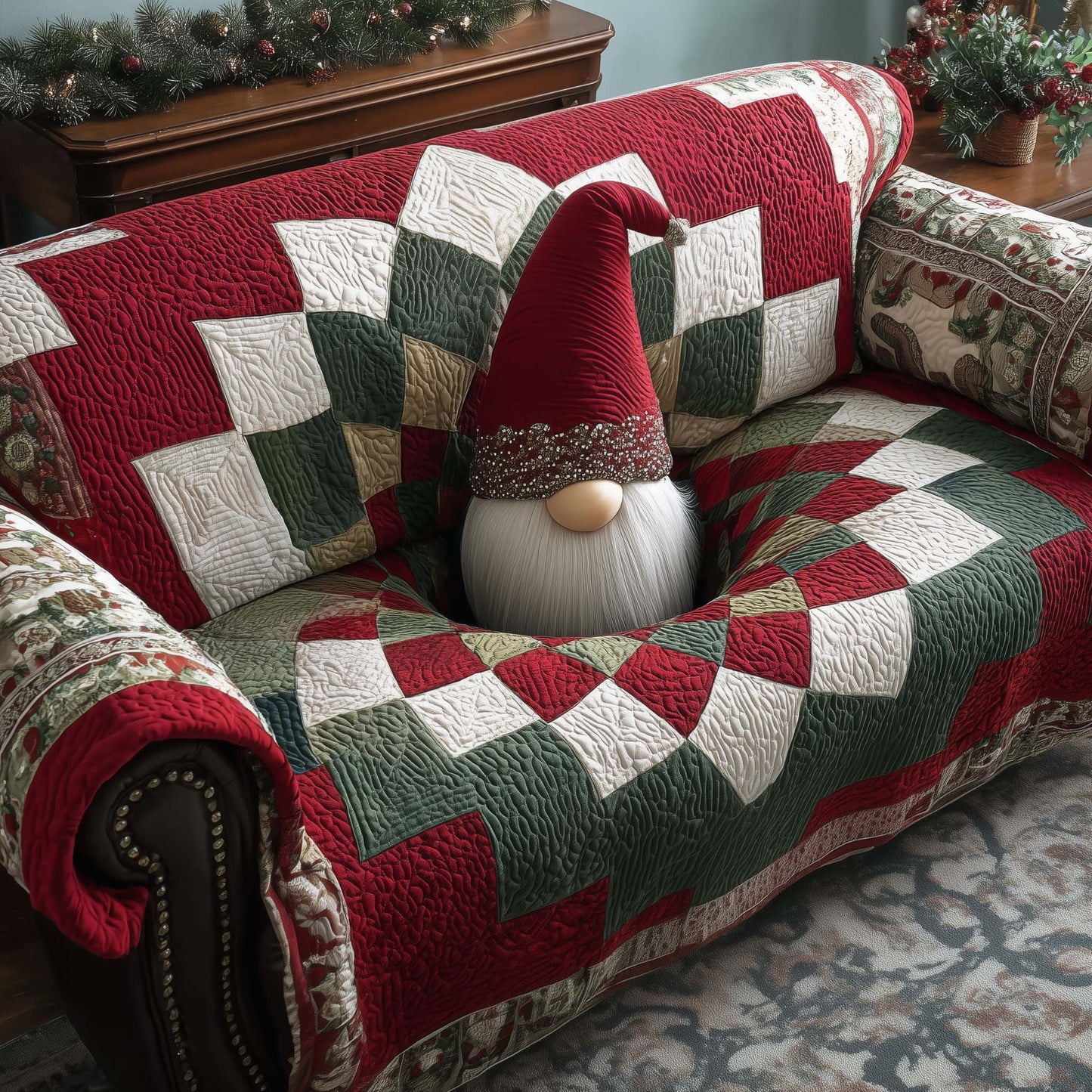 Gnome Checkerboard Quilted Sofa Cover Festive Sofa Protector Funny Gnome Themed Gifts Items Trendyhomewear - Pvr