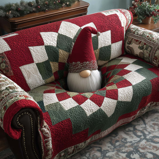 Gnome Checkerboard Quilted Sofa Cover Festive Sofa Protector Funny Gnome Themed Gifts Items Trendyhomewear - Pvr