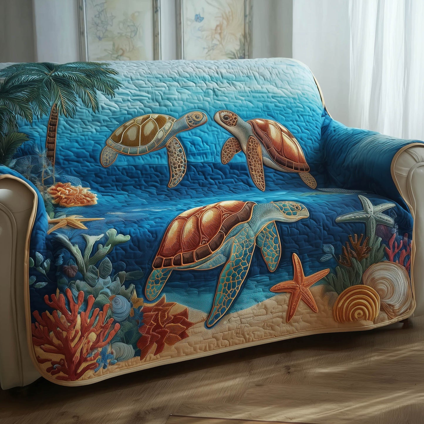 Sea Turtle Underwater Quilted Sofa Cover Christmas Couch Protector Novelty Sea Turtle Gifts Trendyhomewear - Pvr