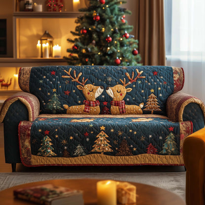 Reindeer Couple Quilted Sofa Cover Festive Xmas Couch Furniture Winter Reindeer Item Gifts Trendyhomewear - Pvr