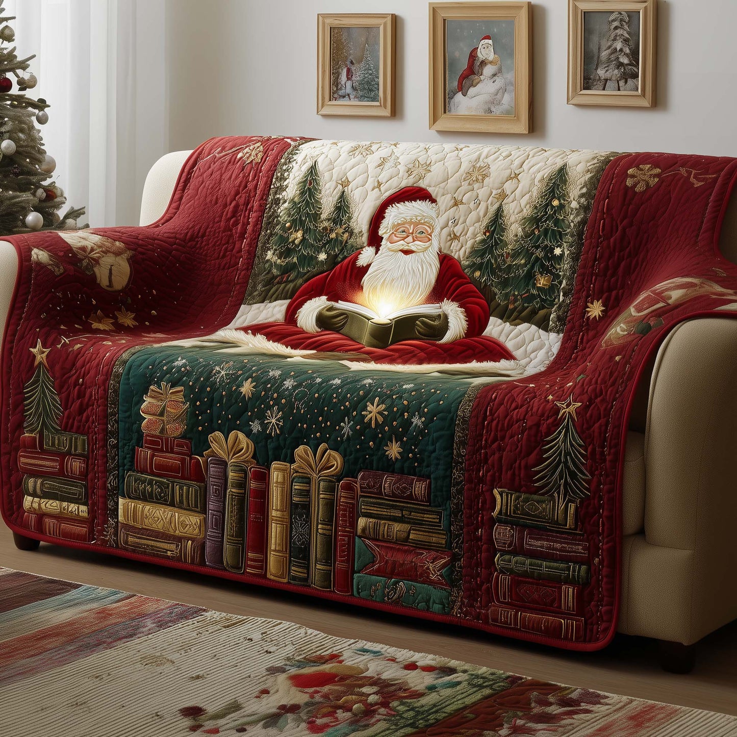 Santa Booknerd Quilted Sofa Cover Christmas Couch Protector Lovely Reading Lover Gifts Trendyhomewear - Pvr